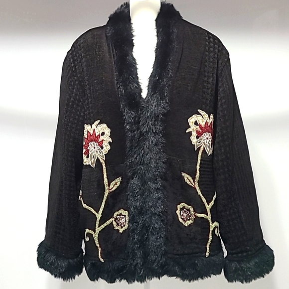 Flashback Vintage Embroidered Faux Fur Black Coat Jacket Size L - Picture 2 of 15